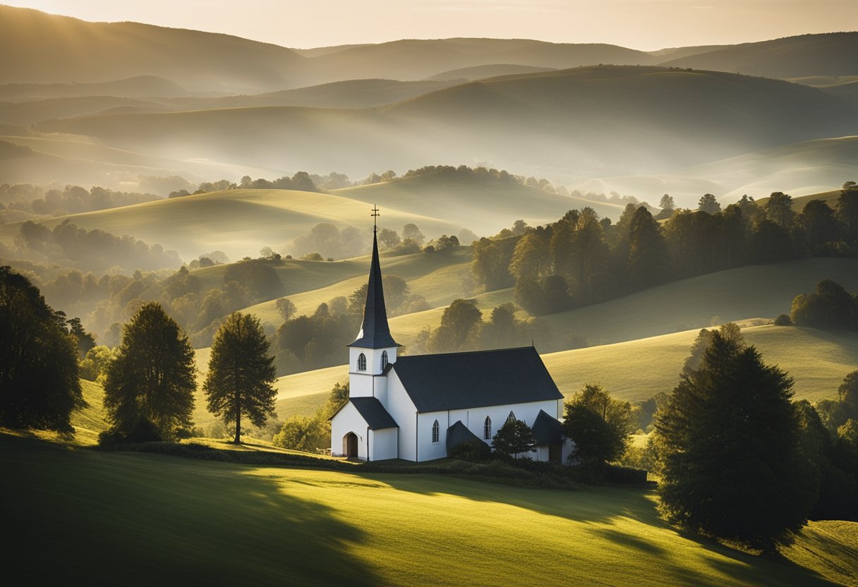 A serene countryside with a small, rustic church nestled among rolling hills. A beam of light shines down on the church, creating a sense of divine presence