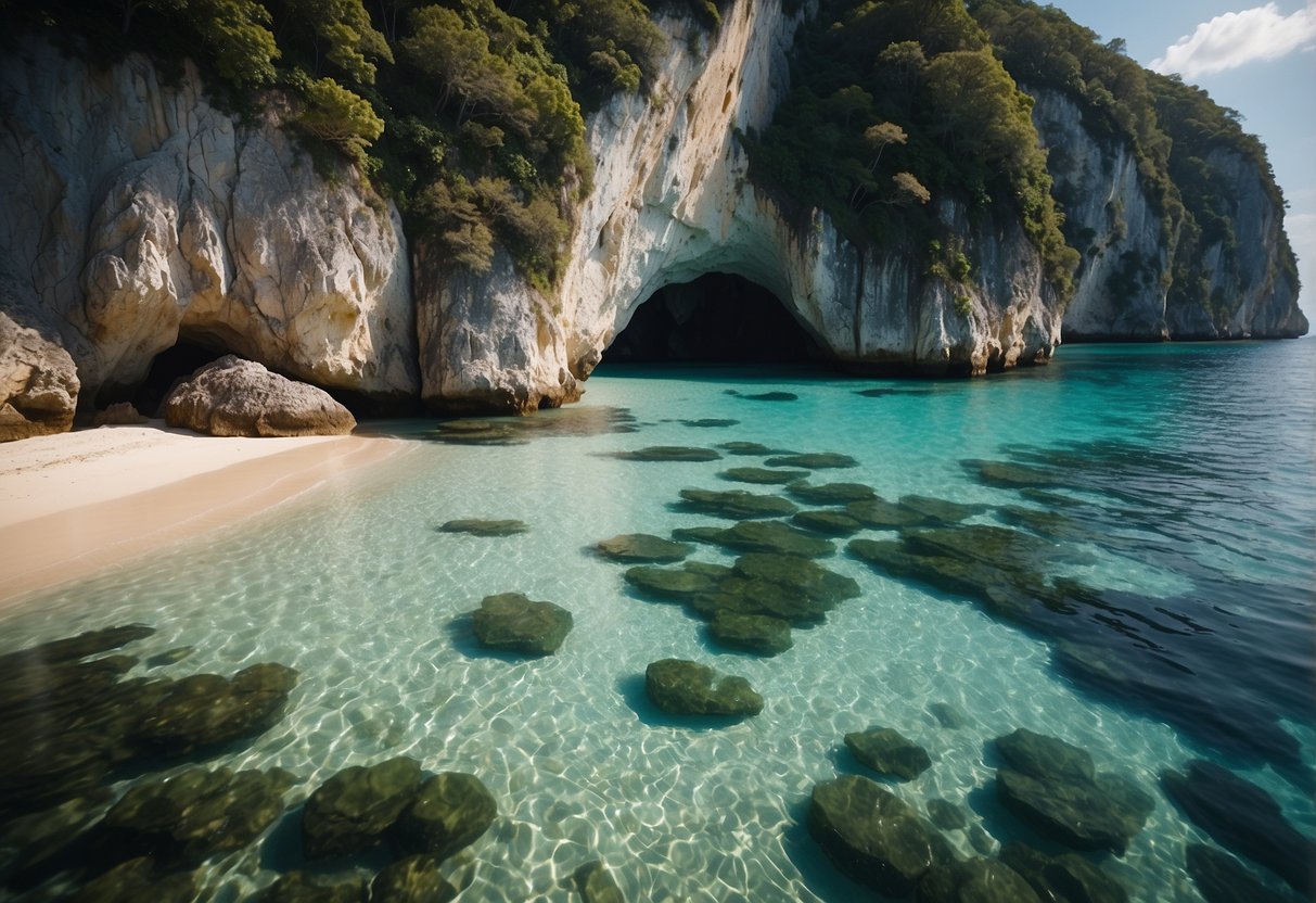 A serene beach with crystal clear waters and towering limestone cliffs, surrounded by lush greenery and colorful marine life