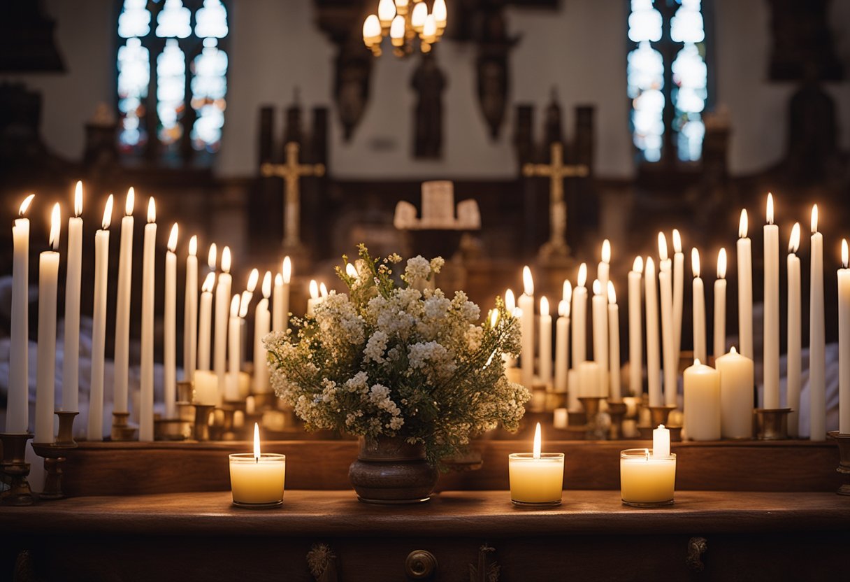 A serene and peaceful scene of a church or shrine dedicated to Santa Rita de Cássia, with votive candles and offerings, surrounded by a feeling of hope and faith