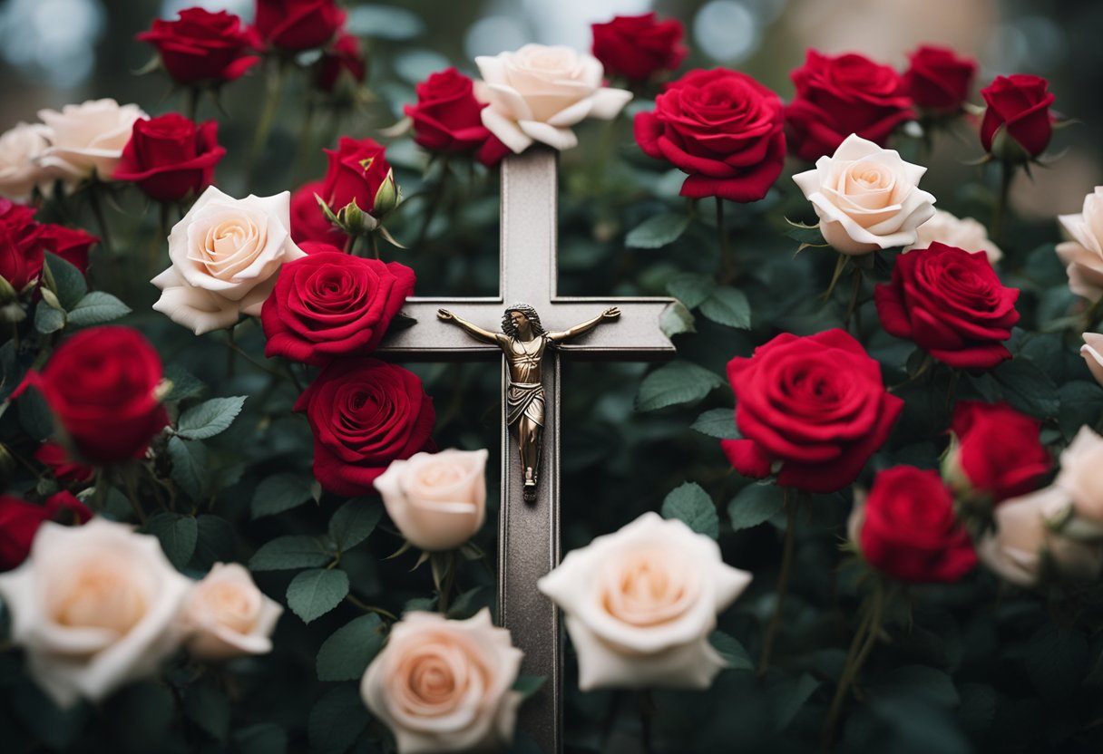 A haloed figure stands before a cross and a cluster of roses, surrounded by symbols of hope and faith