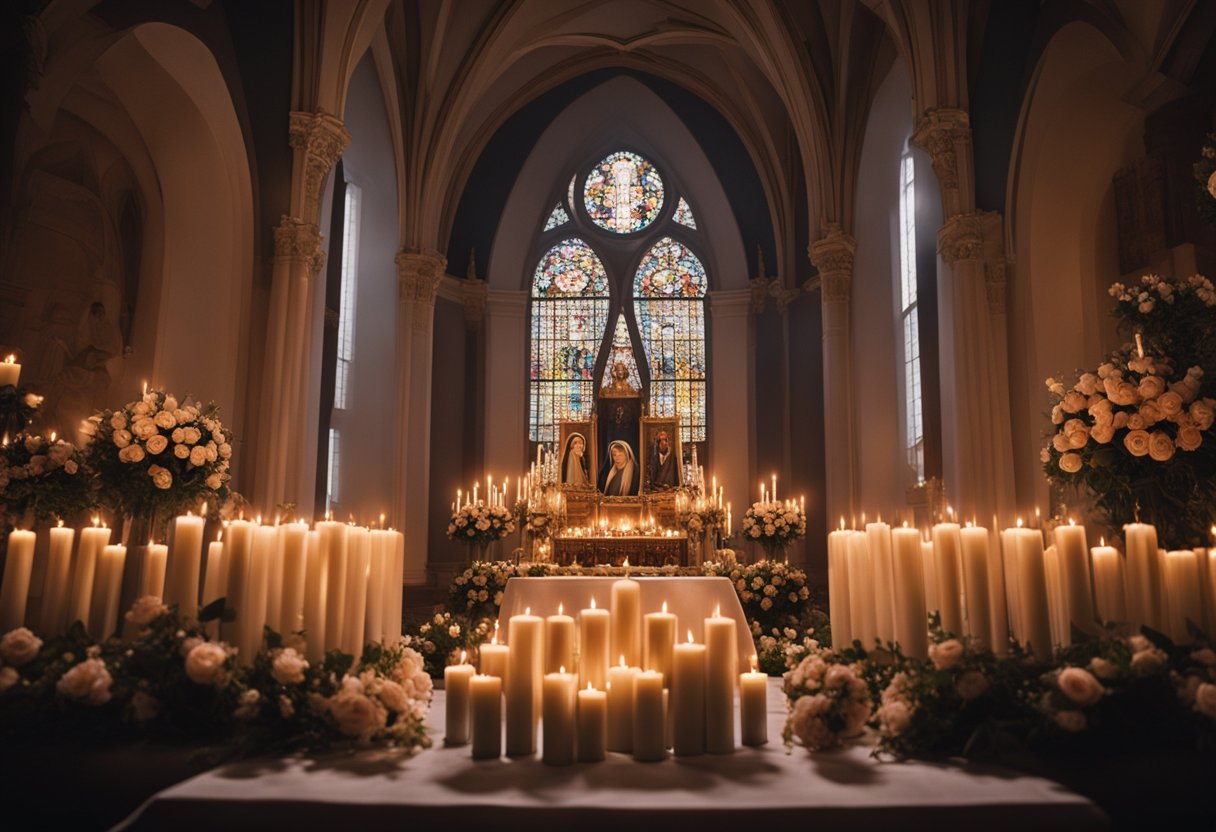 A candle-lit altar adorned with roses and images of Saint Rita of Cascia, surrounded by devout worshippers in prayer