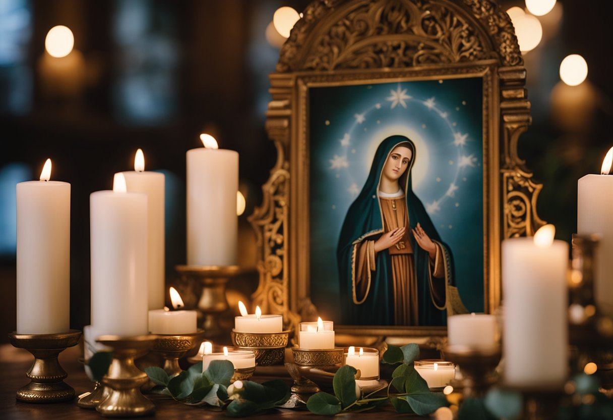 Santa Rita de Cássia's image surrounded by votive candles and offerings, with a serene and hopeful atmosphere