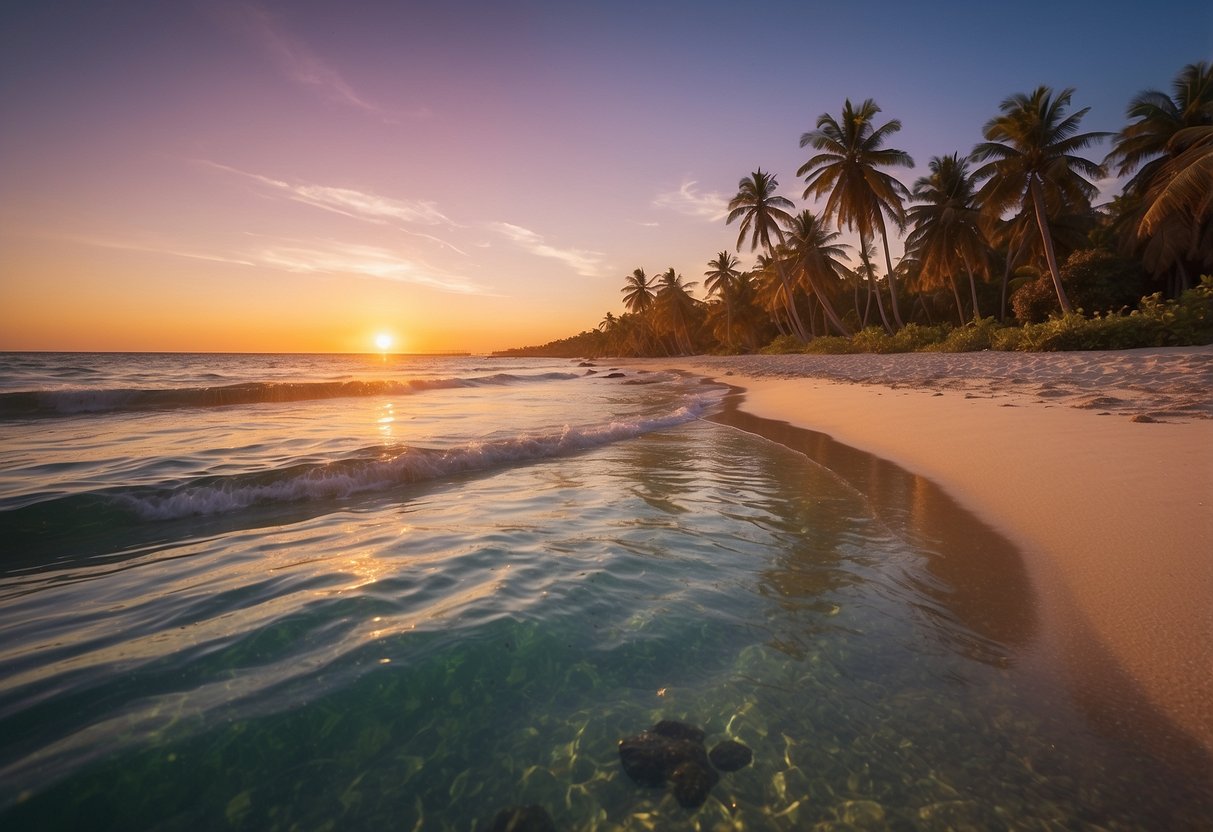 A serene beach with palm trees, crystal clear water, and a colorful sunset over the horizon