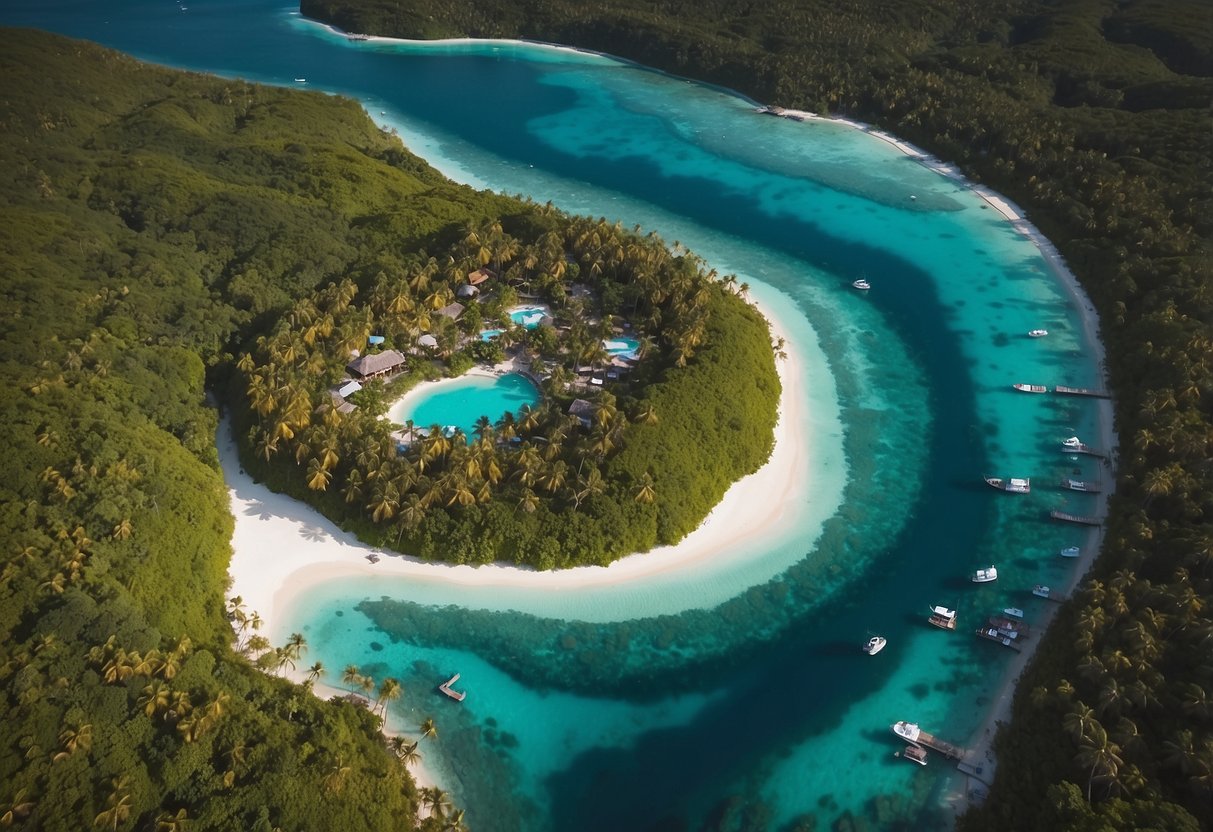 A map of Siargao island with accommodations marked, surrounded by lush tropical vegetation and a crystal-clear turquoise ocean