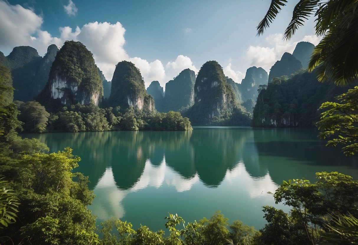 A lush jungle with towering limestone cliffs and a serene lake in Khao Sok National Park