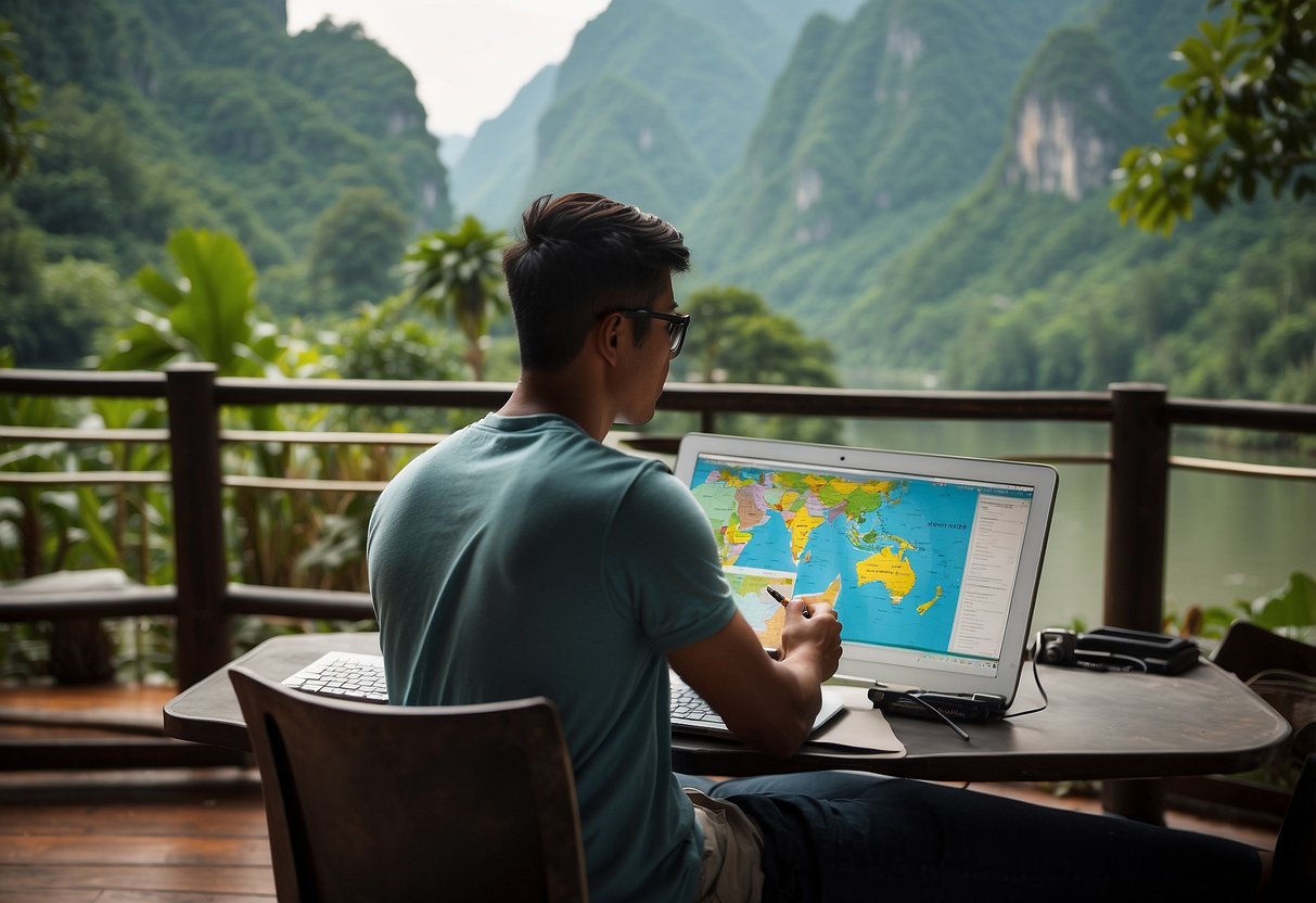 A person planning their trip to Khao Sok independently, researching transportation and accommodation options