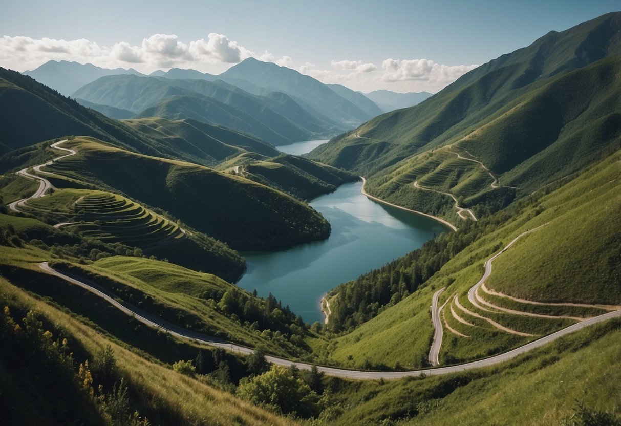 A winding road cuts through lush mountains and valleys, with a serene lake nestled in the distance