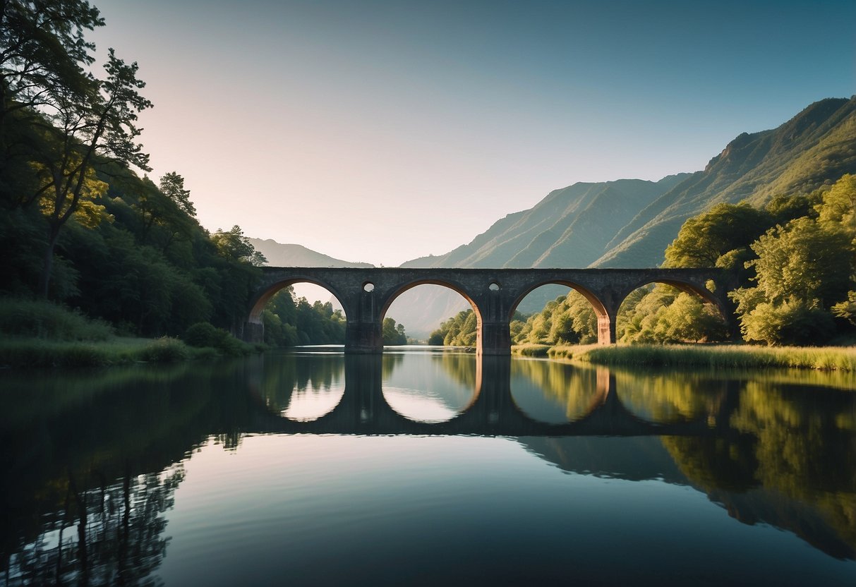 The majestic nine arches bridge spans gracefully across the tranquil river, with lush greenery and mountains in the background