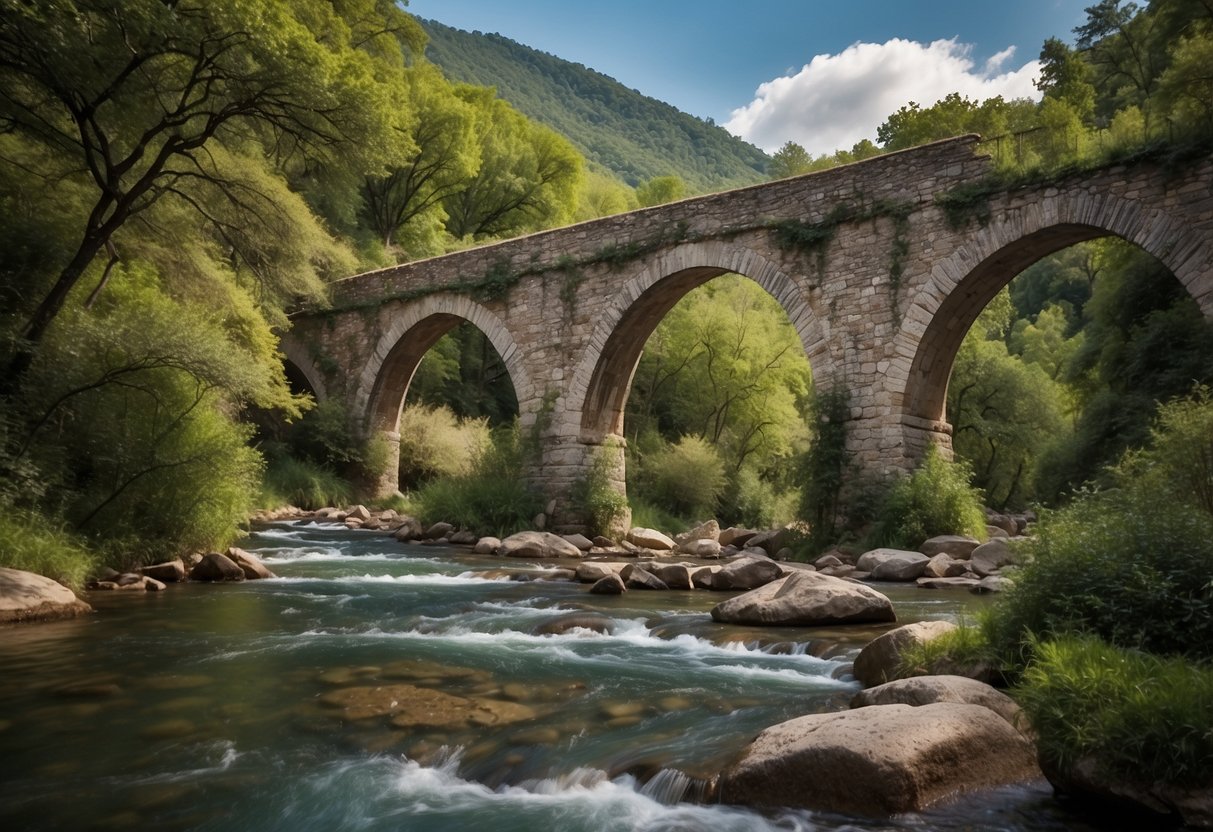 The nine arches bridge stands tall, its ancient stone arches spanning a tranquil river. Surrounding greenery and distant mountains complete the picturesque scene