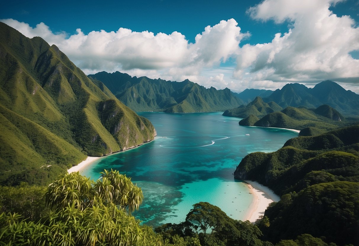 A scenic route through the Philippines, with lush green mountains, crystal-clear blue waters, and white sandy beaches