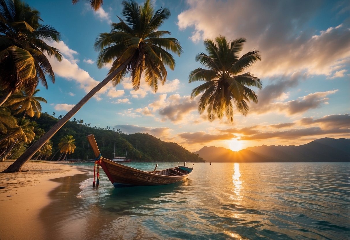 A serene beach with palm trees, clear blue water, and a colorful sunset. A traditional Filipino boat is anchored near the shore, with mountains in the background