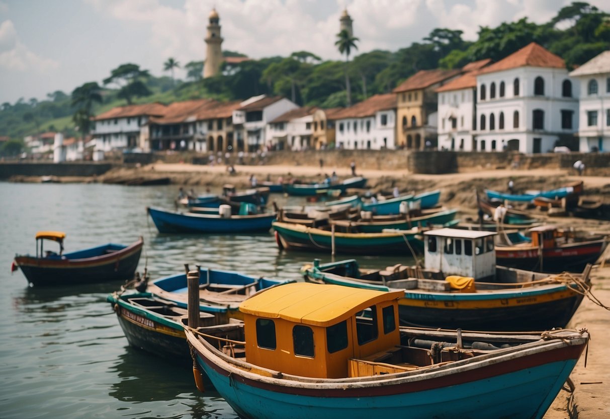 A bustling harbor in Galle, Sri Lanka, with colorful fishing boats, historic lighthouse, and ancient city walls