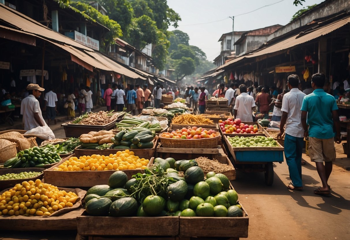 A bustling street market in Galle, Sri Lanka, with colorful stalls, historic architecture, and tourists exploring the local attractions