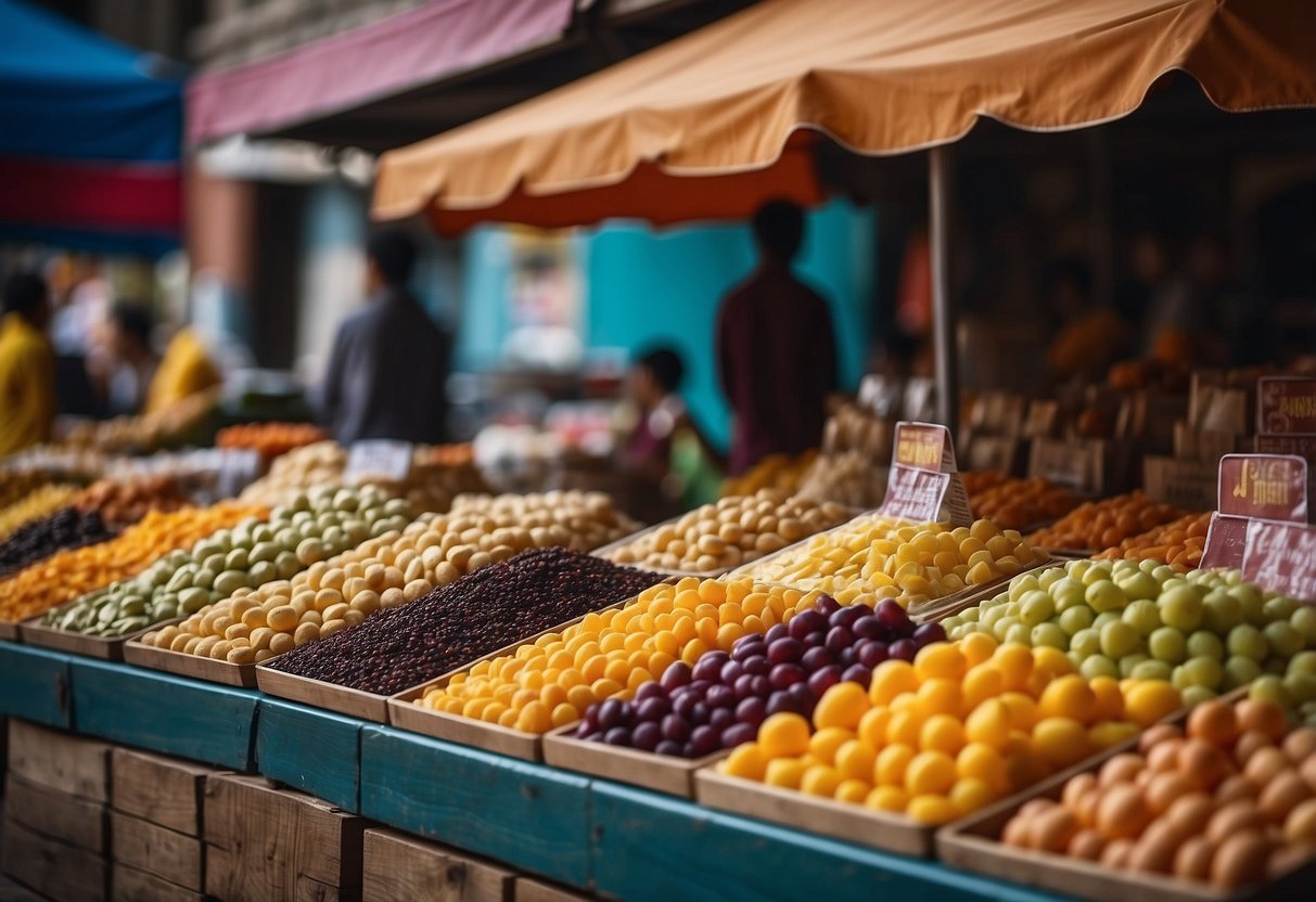 A colorful market stall displays an array of lahangan sweet, with vibrant packaging and enticing aromas