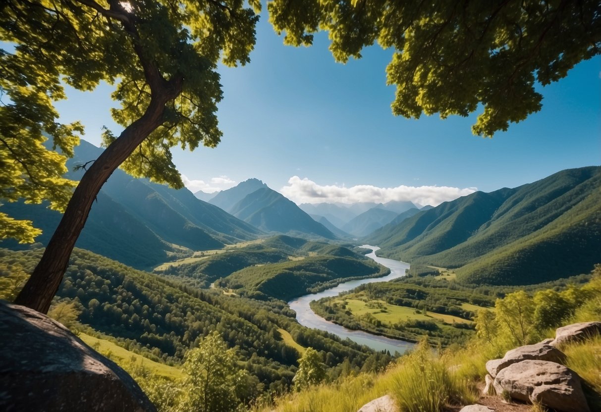 A serene mountain landscape with a winding river, lush greenery, and a clear blue sky, perfect for an adventure getaway