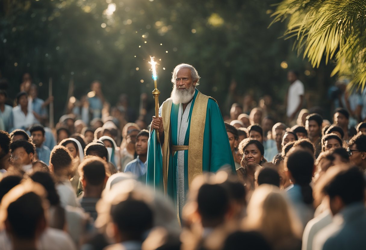 St. Jude Tadeu holding a staff, surrounded by a glowing aura, with people seeking his intercession in urgent matters