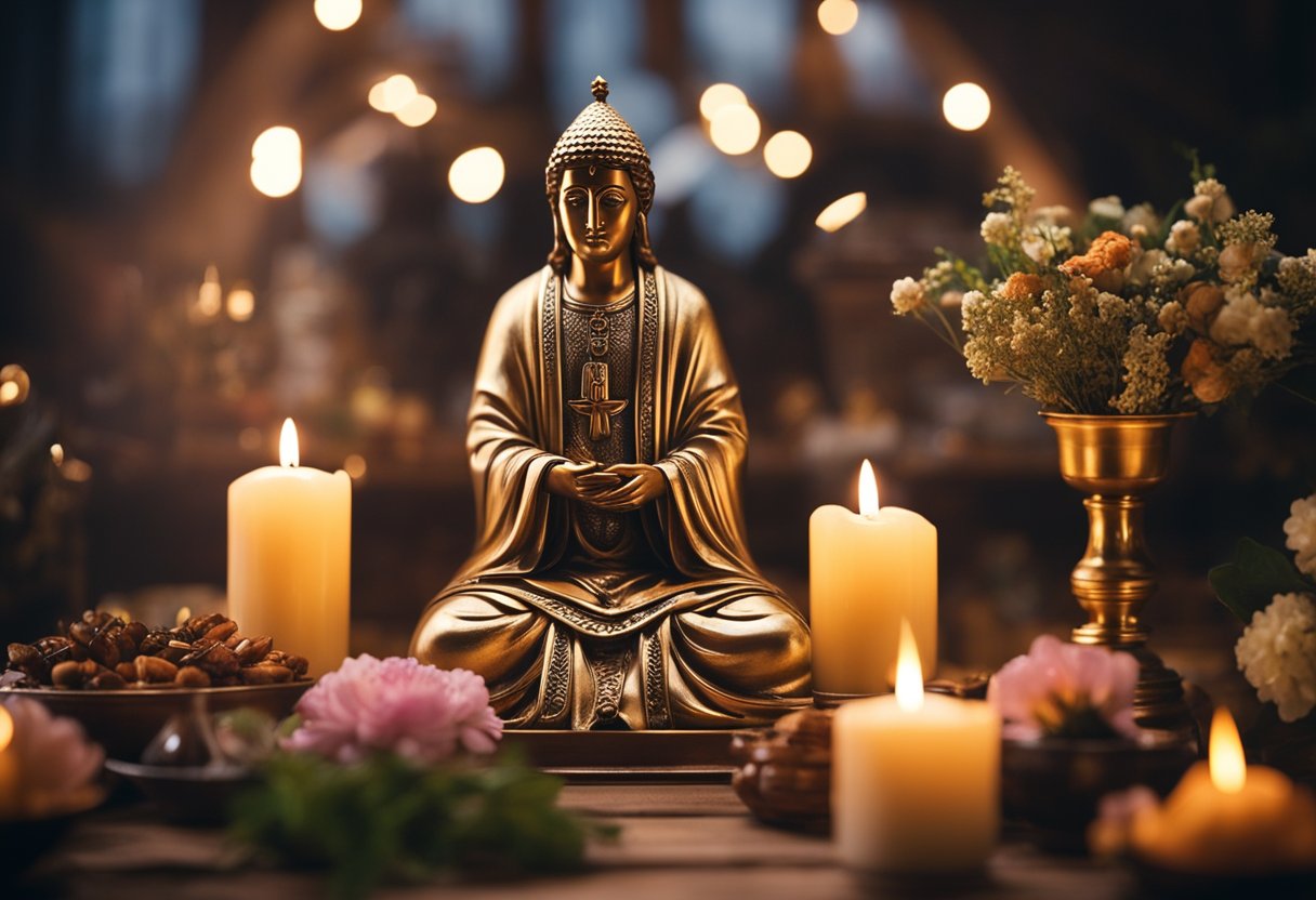 A candlelit altar with a statue of Saint Judas Tadeu surrounded by offerings and flowers, conveying a sense of devotion and urgency