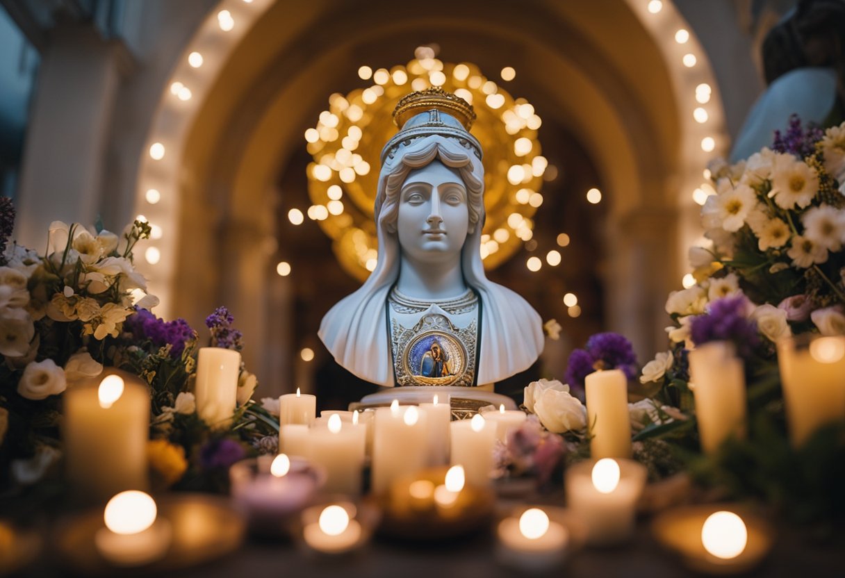 A glowing halo hovers above a statue of São Judas Tadeu, surrounded by offerings of flowers and candles, as devotees pray for urgent causes