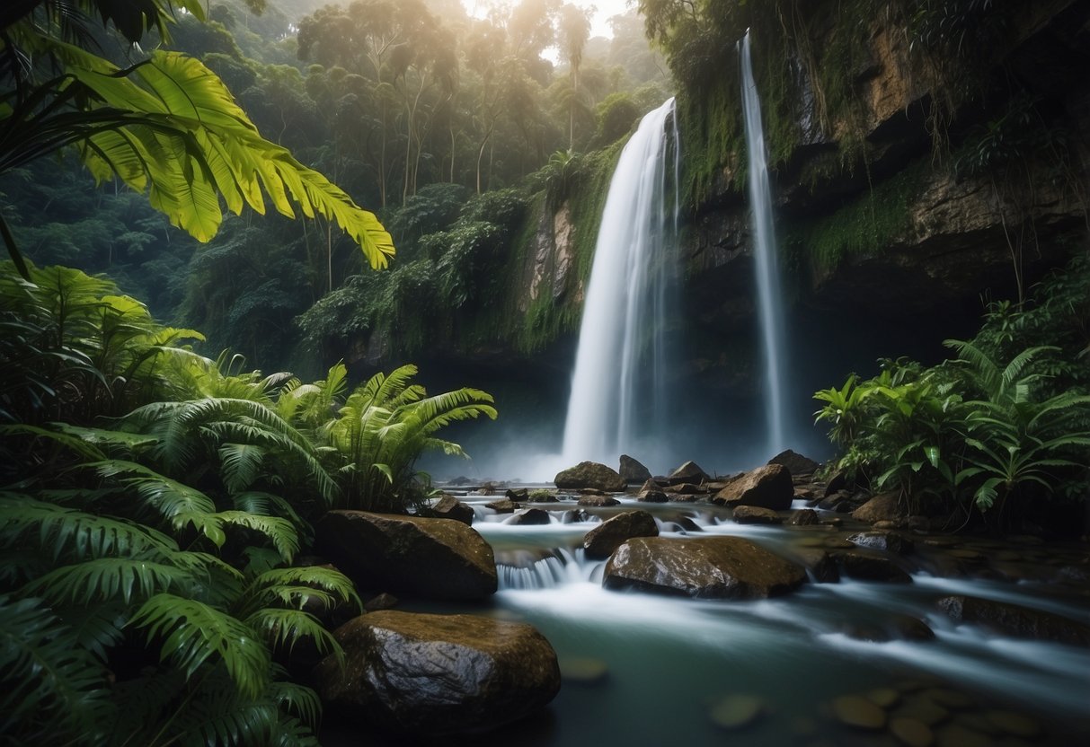 A powerful, multi-tiered waterfall cascades down a lush, green cliffside, surrounded by mist and tropical vegetation