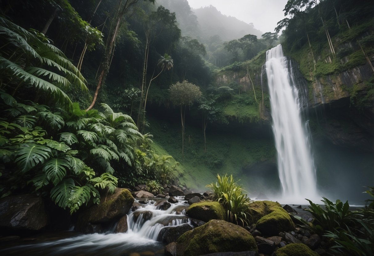 A powerful waterfall cascades down a lush, green cliff, surrounded by mist and tropical vegetation