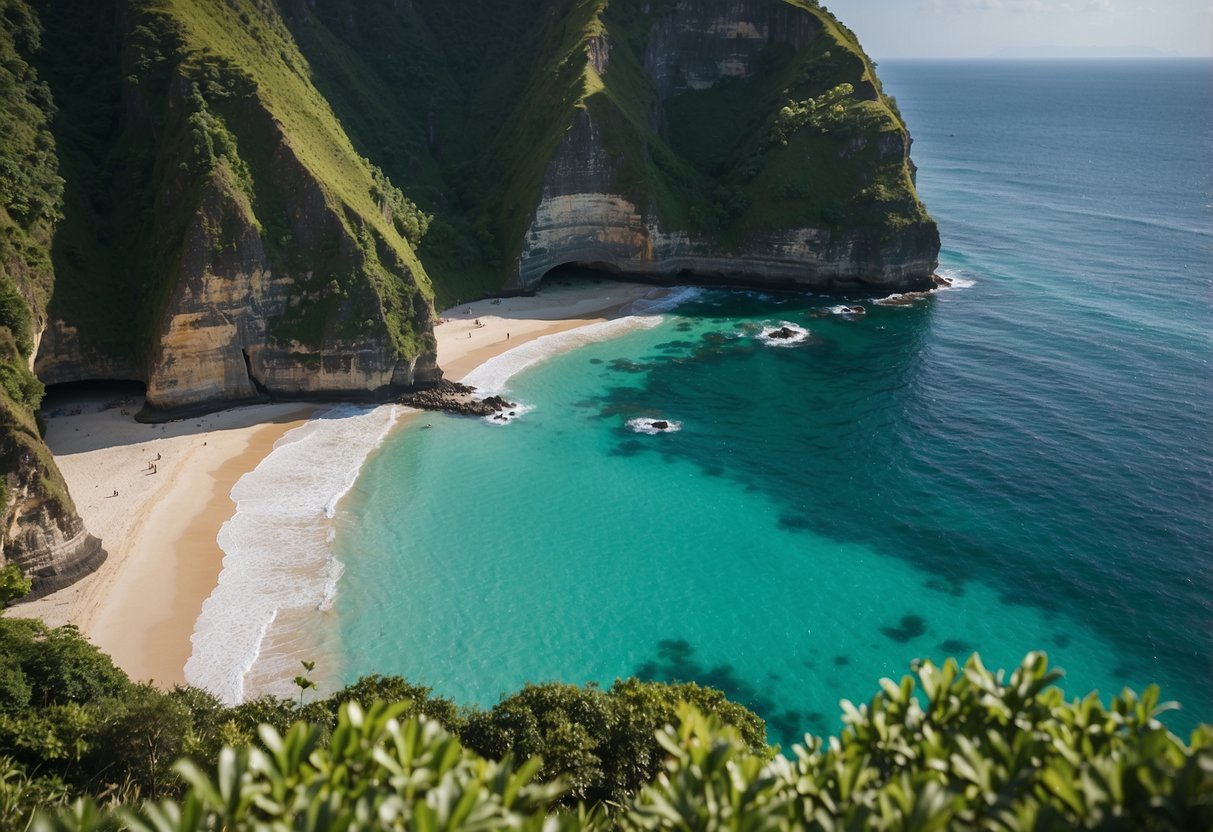 Clear turquoise waters lap against the white sandy shore of Nusa Penida, with lush green cliffs towering in the background