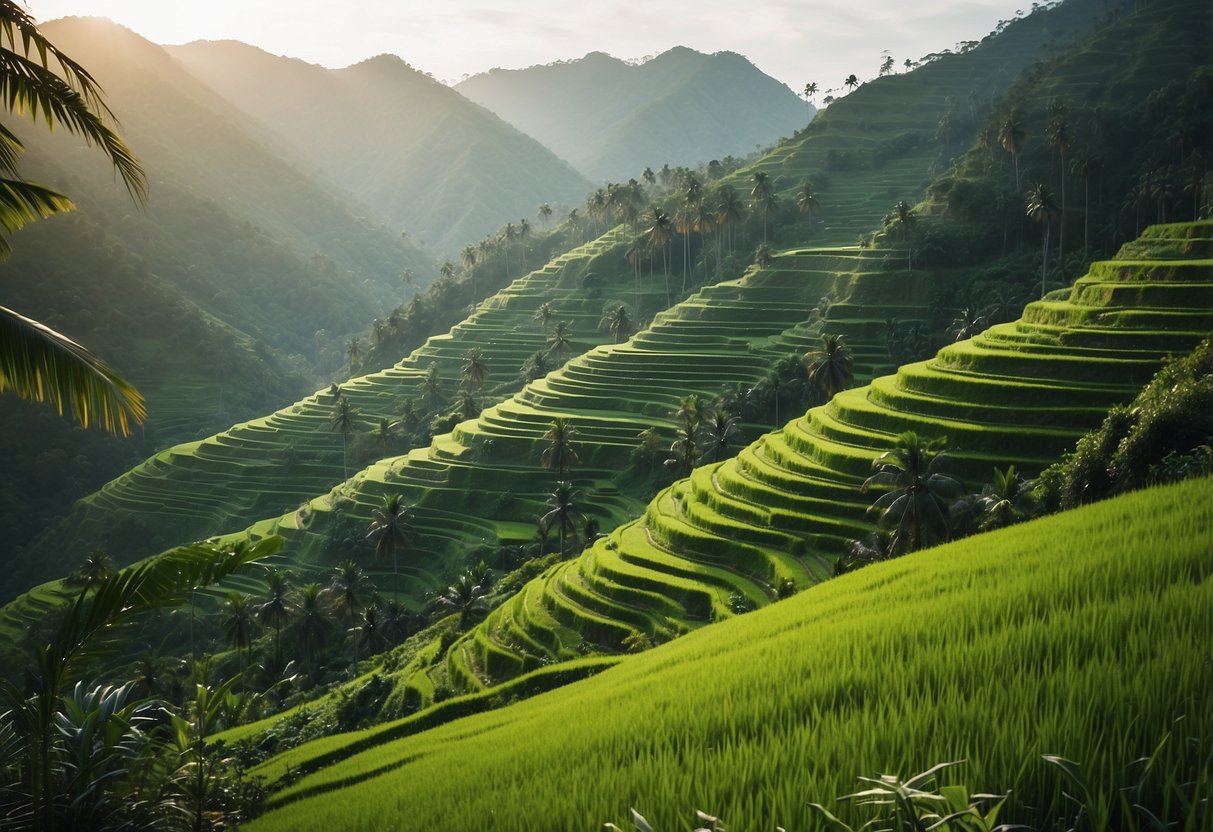 Lush green rice terraces cascade down the hillside, with narrow paths winding through the fields. Tall palm trees and vibrant vegetation surround the area