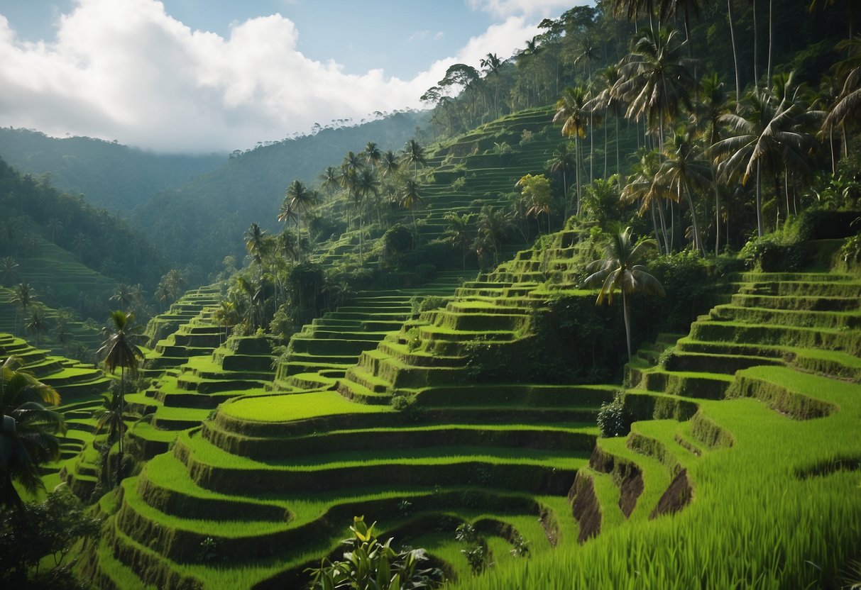 Lush green rice terraces cascade down the hills, surrounded by tropical foliage and traditional Balinese architecture. The terraces are a symbol of cultural and natural significance in Tegalalang