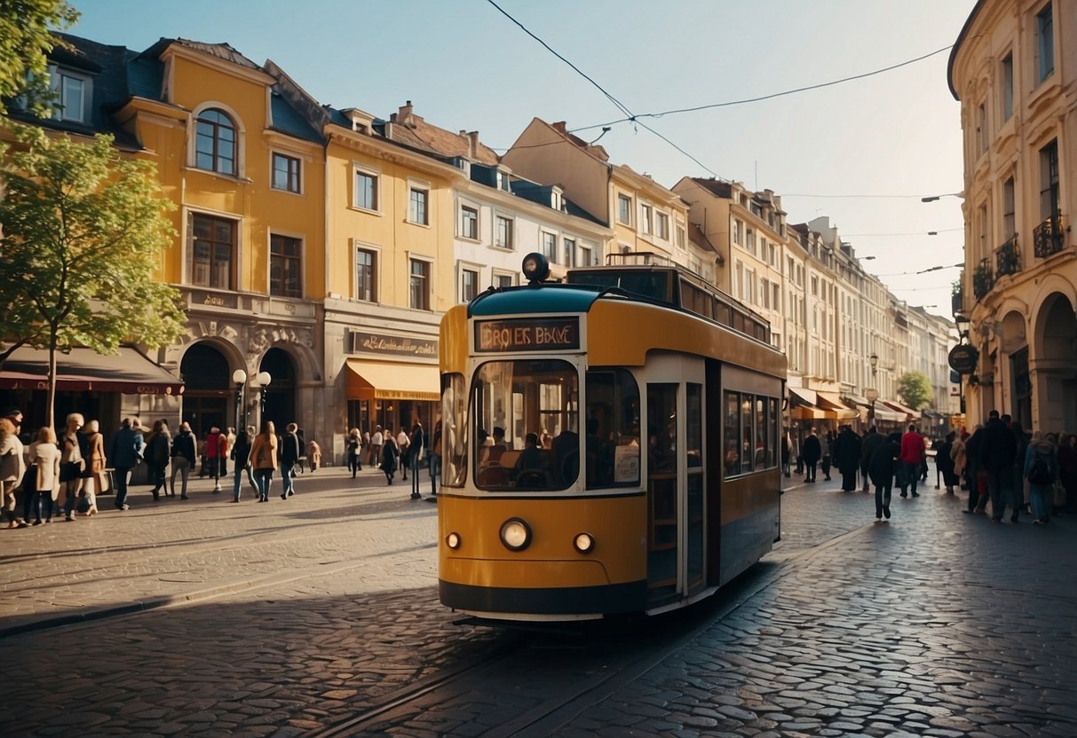A bustling city square with colorful buildings and cobblestone streets, surrounded by lively cafes and shops. A tram passes through the center, adding to the vibrant atmosphere