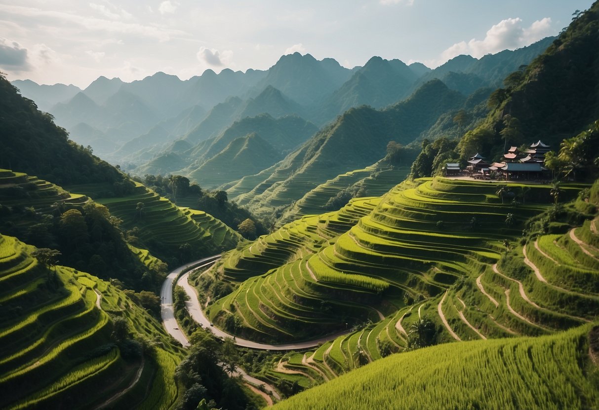 A winding road through lush green mountains and rice fields in Thailand, with temples and colorful markets along the way