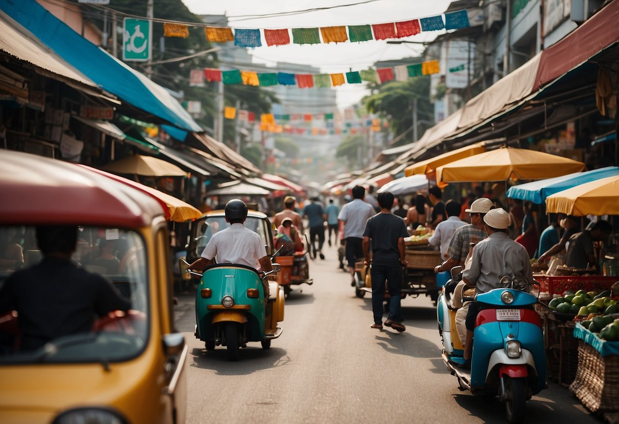 A vibrant street market filled with colorful stalls and bustling with activity in Thailand. Temples and traditional architecture line the bustling streets, while tuk-tuks and motorbikes weave through the lively scene