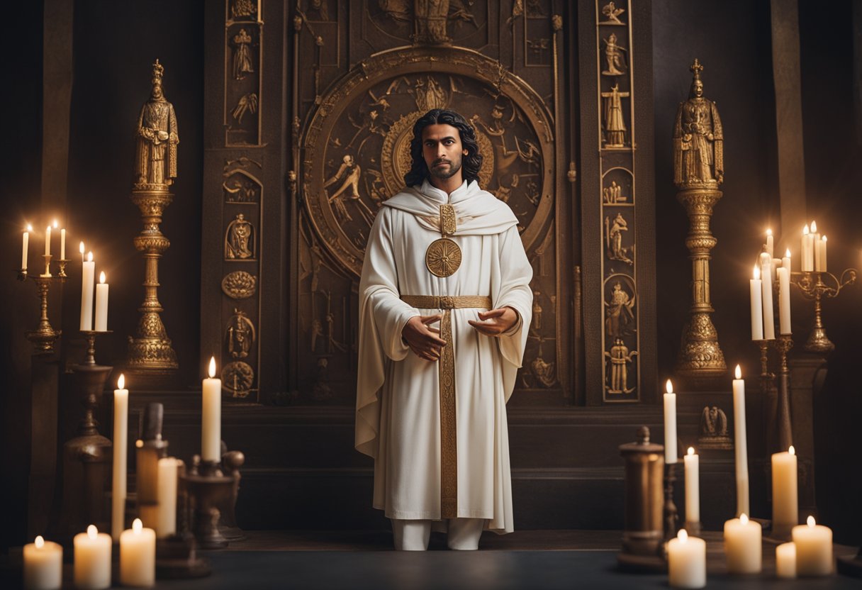 Saint Sebastian's life: protector against epidemics. A figure standing in a serene, peaceful posture, surrounded by healing light and symbols of health and protection