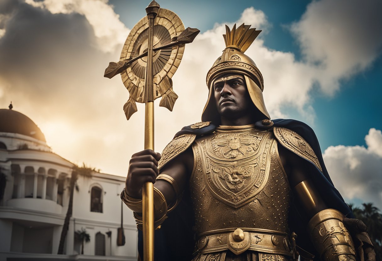 A figure of São Sebastião stands tall, clad in armor and holding a bow. He is surrounded by symbols of protection and healing, with rays of light emanating from his presence