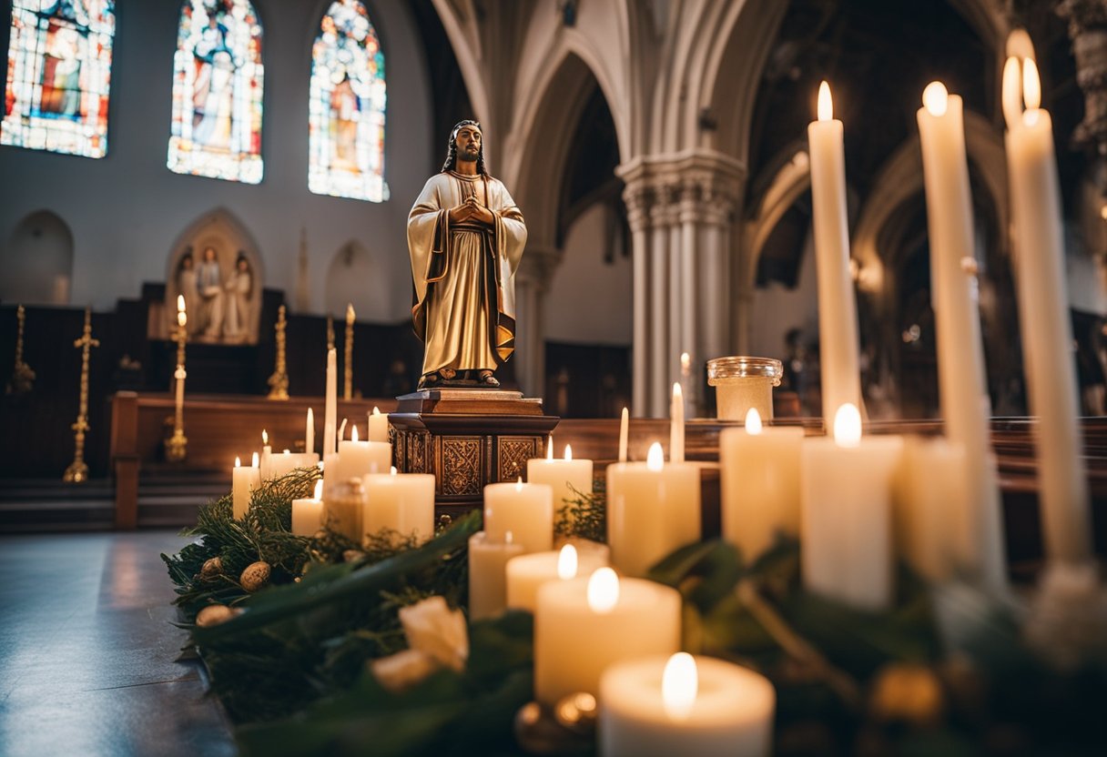 A church with a statue of Saint Sebastian surrounded by offerings and candles, with people praying for protection against epidemics