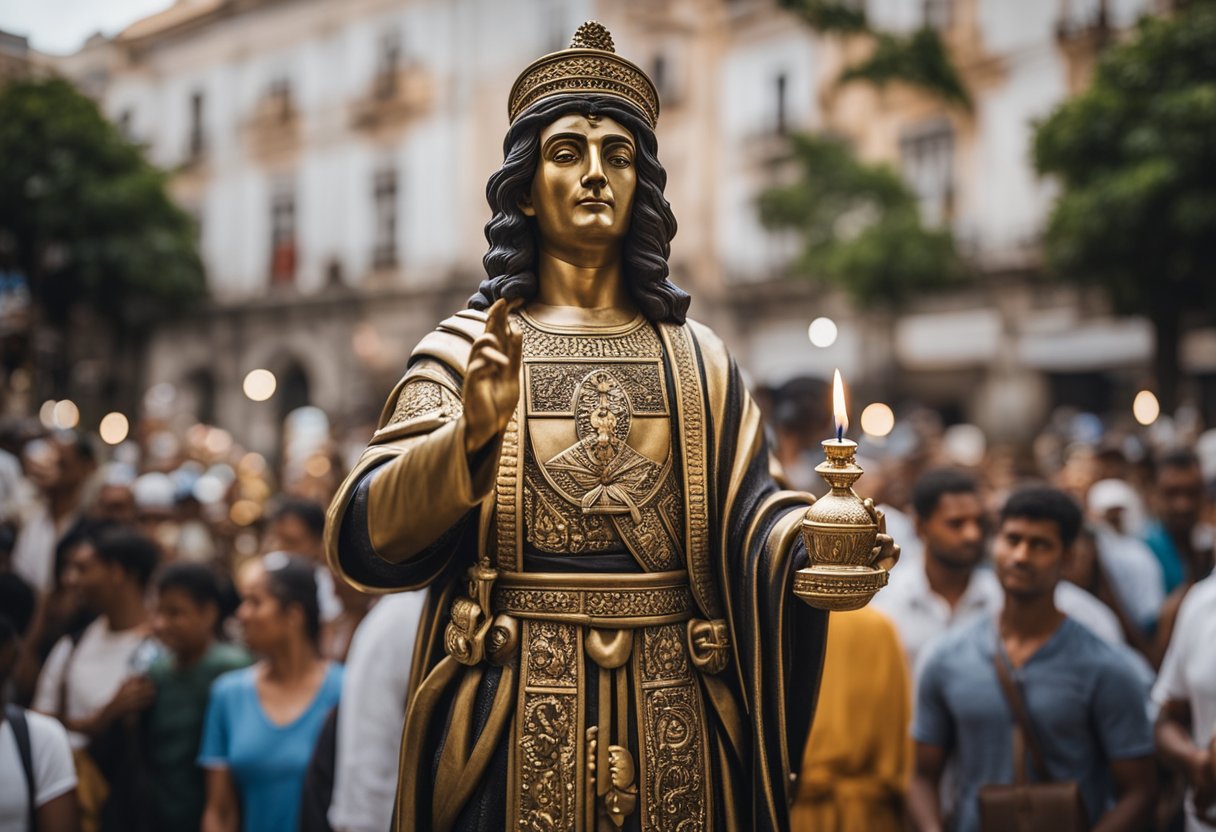 A statue of São Sebastião stands in a crowded city square, surrounded by people seeking protection from epidemics. The statue is adorned with offerings and candles, creating a sense of reverence and hope