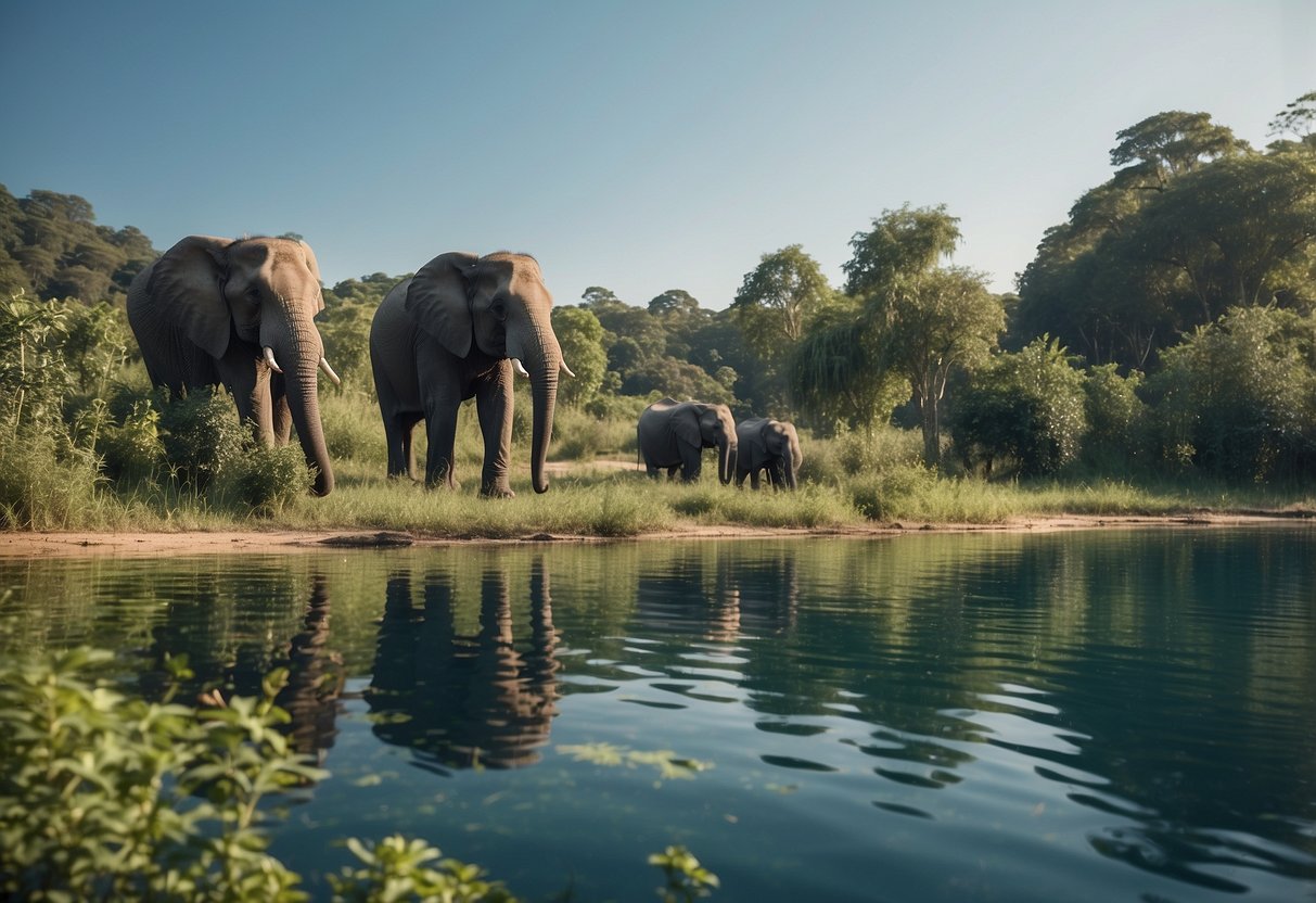 Lush greenery surrounds a calm lake where elephants gather. Tall trees and a clear blue sky form the backdrop