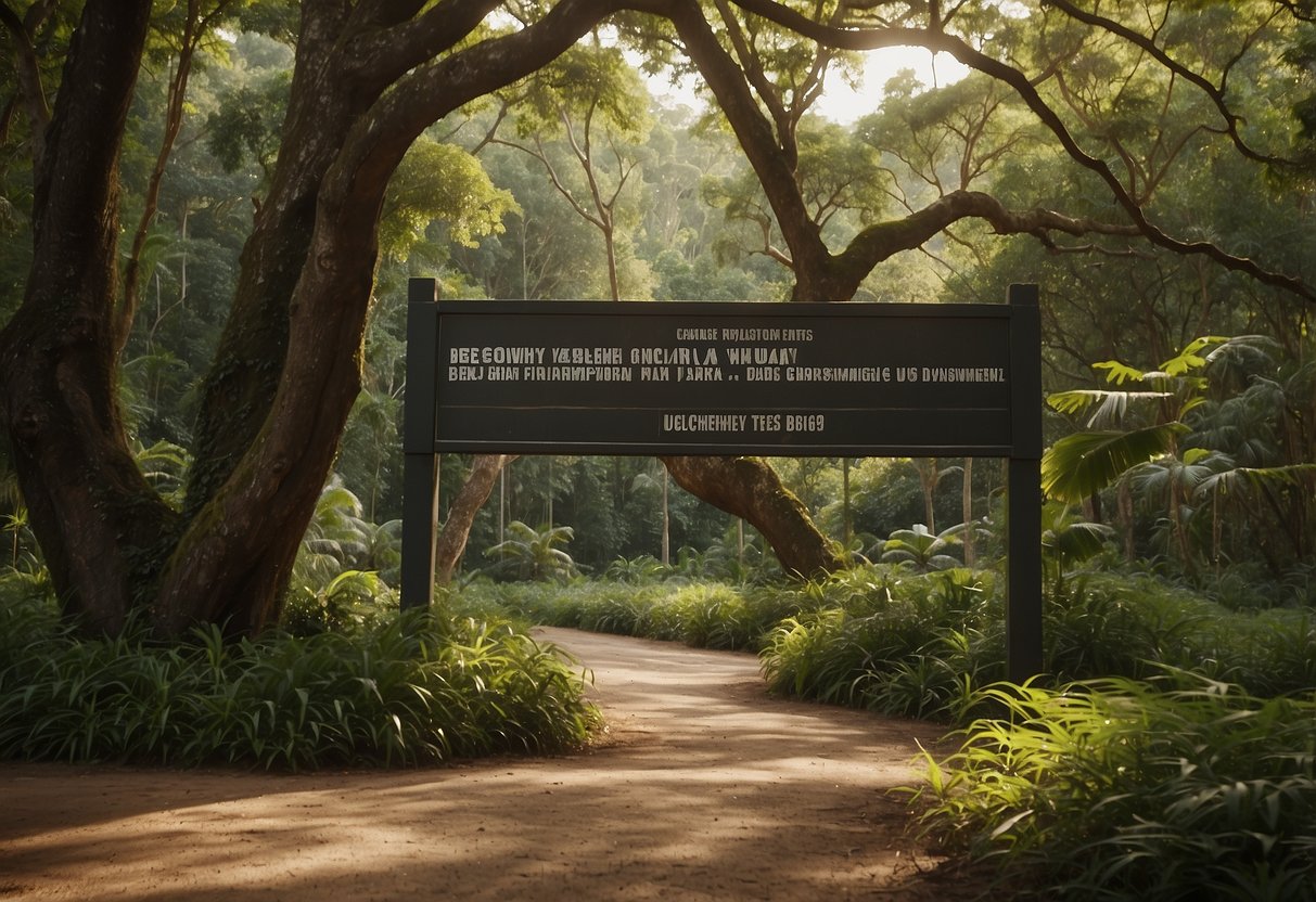 Lush greenery surrounds a sign reading "Besucherinformationen Udawalawe Nationalpark" in bold lettering. Wildlife and trees fill the background