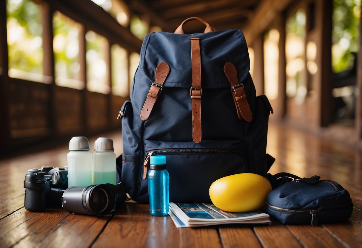 A backpack lies open on a wooden floor, filled with travel essentials like a water bottle, map, sunscreen, and a guidebook to Thailand