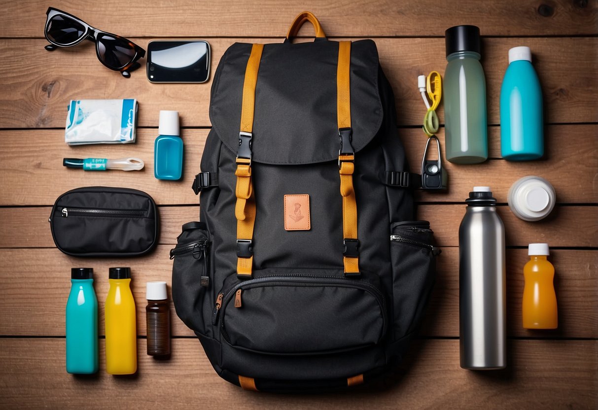 A backpack with essential items for Thailand travel, including map, sunscreen, insect repellent, and water bottle, laid out on a wooden table