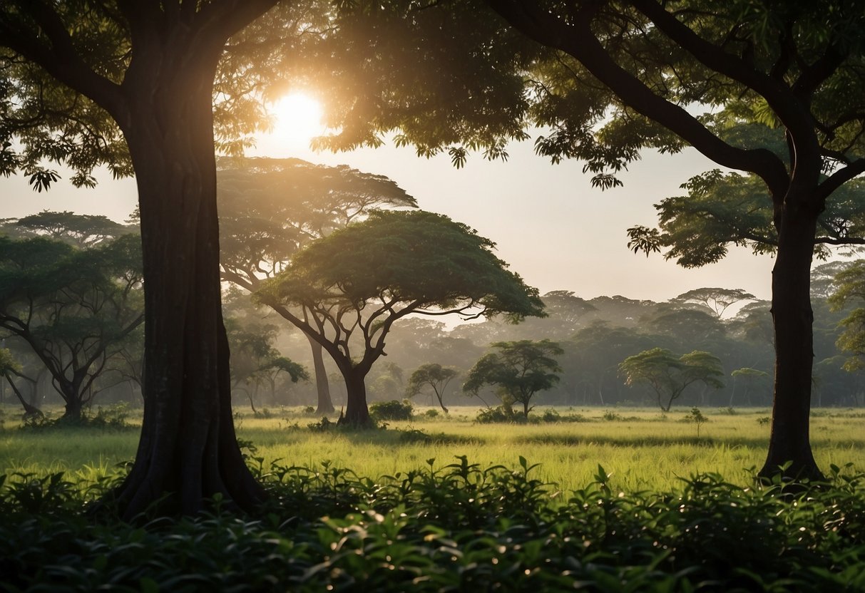 Lush greenery, towering trees, and diverse wildlife fill the landscape of Yala National Park. The sun casts a warm glow over the sprawling terrain, creating a picturesque scene for any illustrator to recreate