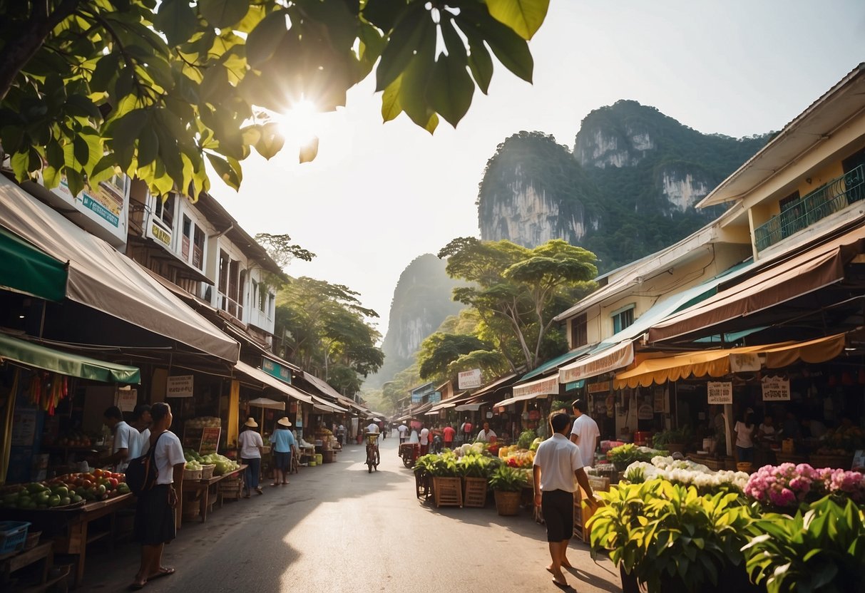 The bustling streets of Krabi Town, with colorful buildings and vibrant market stalls, surrounded by lush greenery and towering limestone cliffs