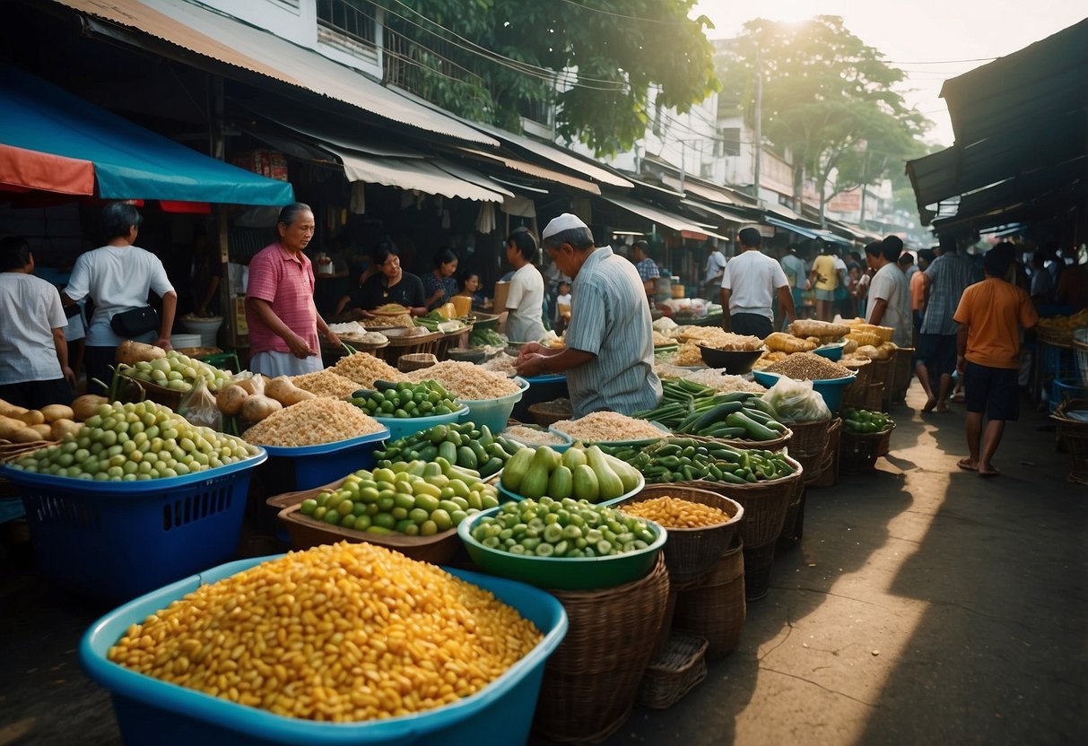 A bustling market in Krabi Town, with colorful stalls selling local crafts and street food, surrounded by traditional Thai architecture