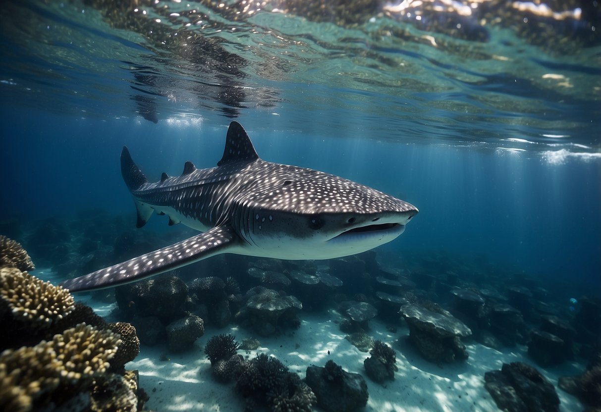 A majestic whale shark glides through the crystal-clear waters of Thailand, surrounded by vibrant coral reefs and tropical fish