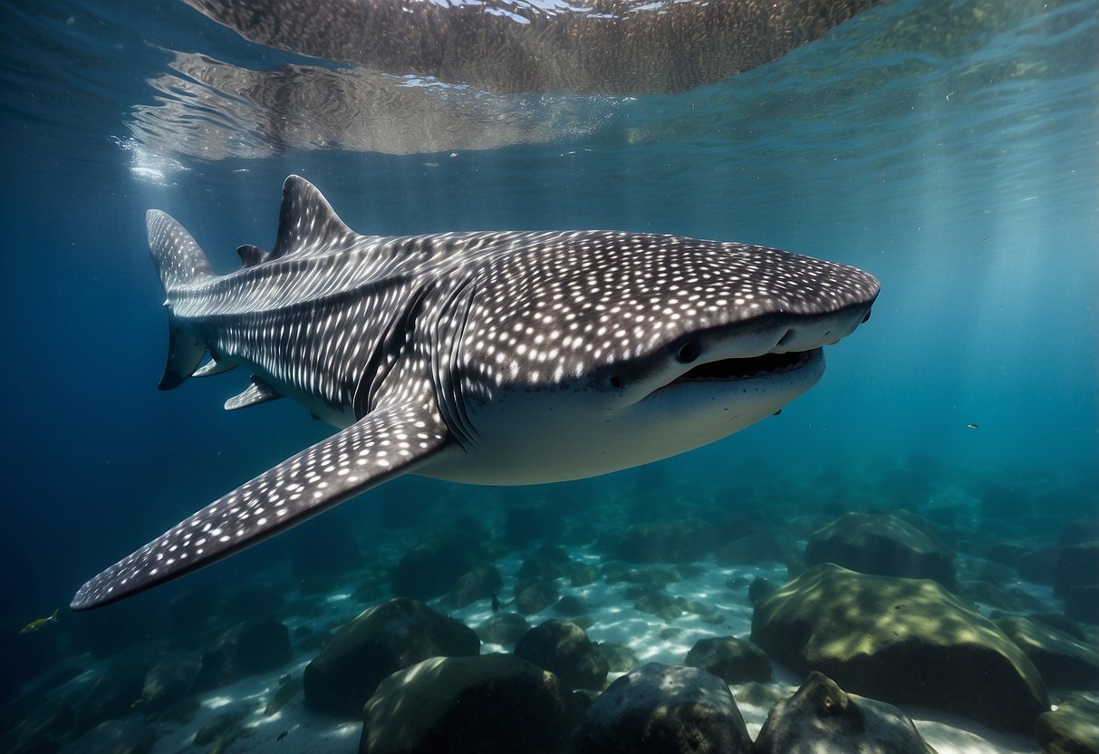 A majestic whale shark gracefully swims through the crystal-clear waters of Thailand, surrounded by a school of colorful fish