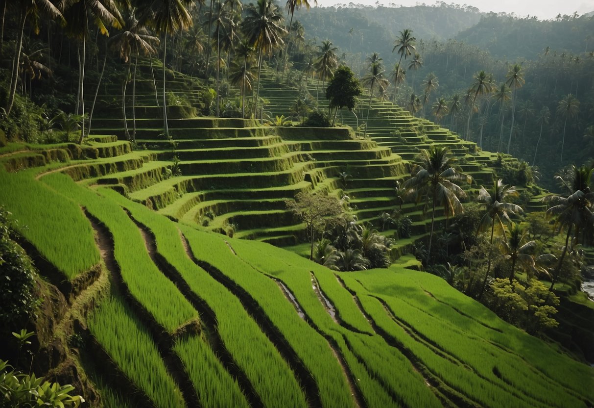 Lush green rice terraces cascade down the hills of Ubud, Bali. Palm trees sway in the gentle breeze, and a traditional Balinese temple stands proudly against the backdrop of the vibrant landscape