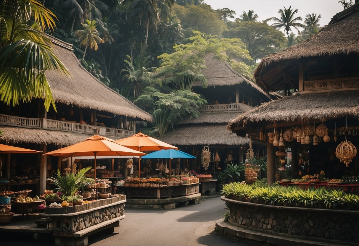 Vibrant market stalls and traditional Balinese architecture in Ubud, Bali