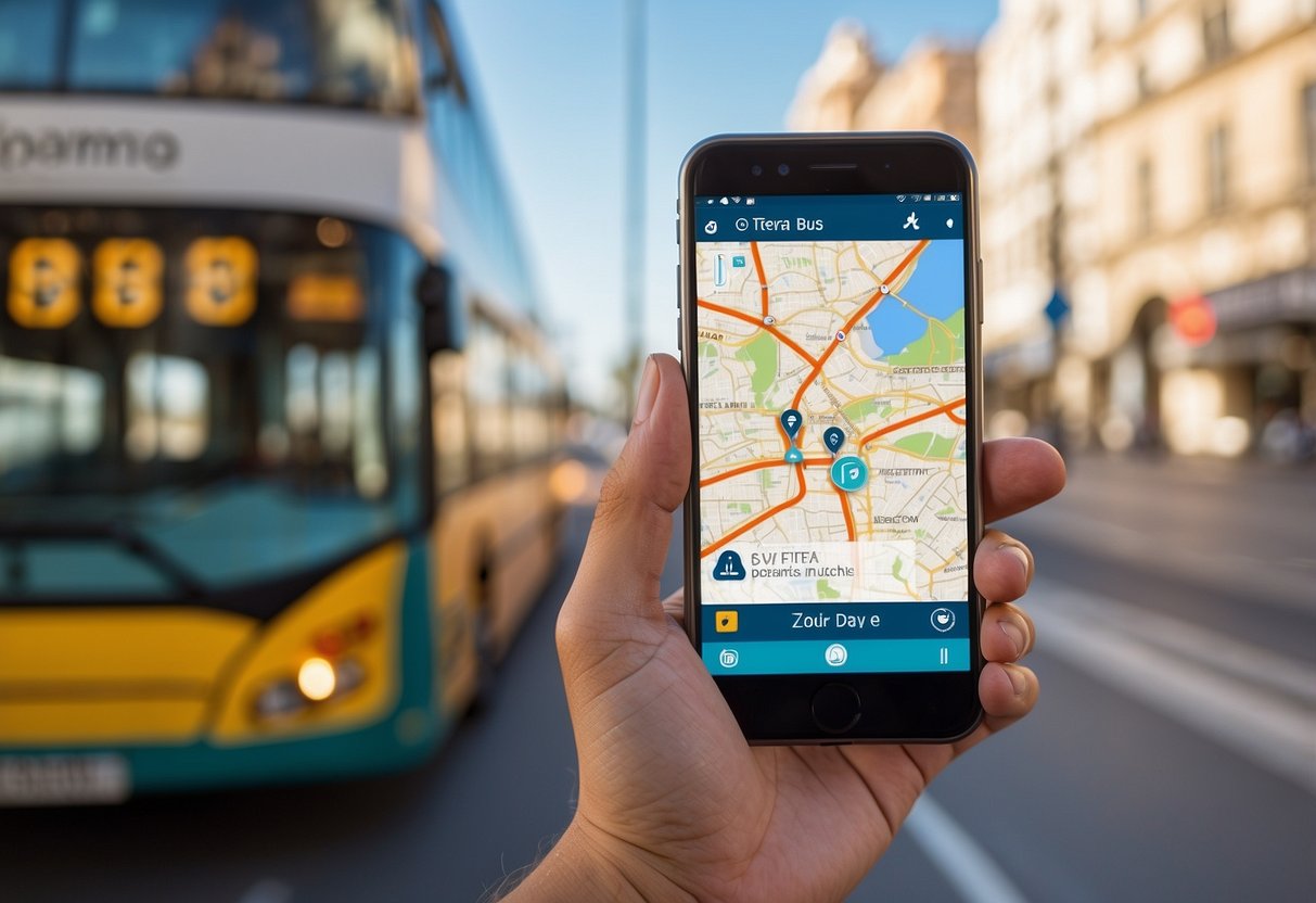 A smartphone with the Teneriffa bus app open, showing a map with bus routes and real-time arrival information