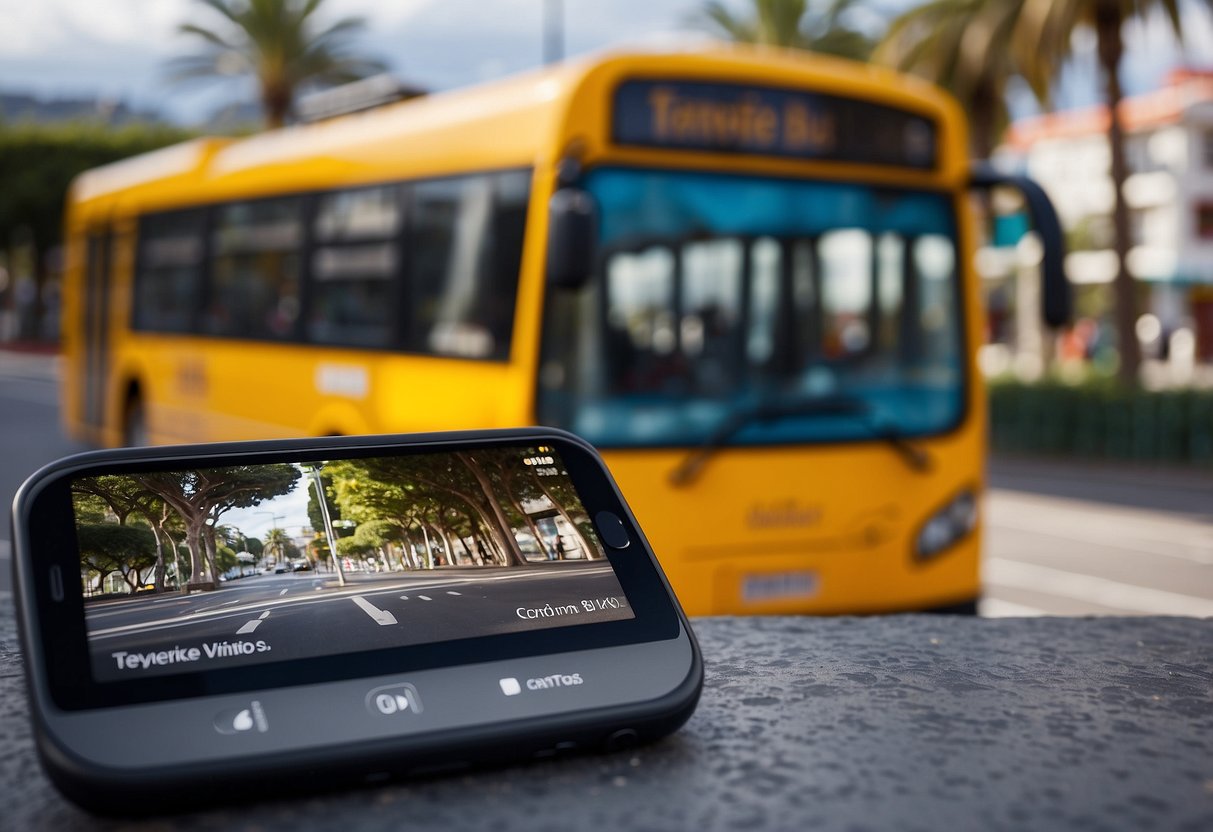 The Tenerife Bus App in action, with a smartphone displaying the app's interface and a bus approaching a bus stop in the background