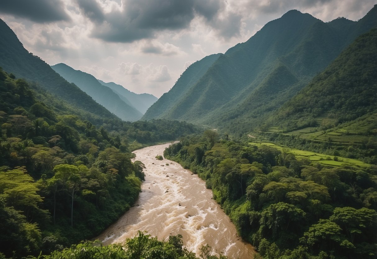 A serene river winds through lush green mountains in Thailand's Pai