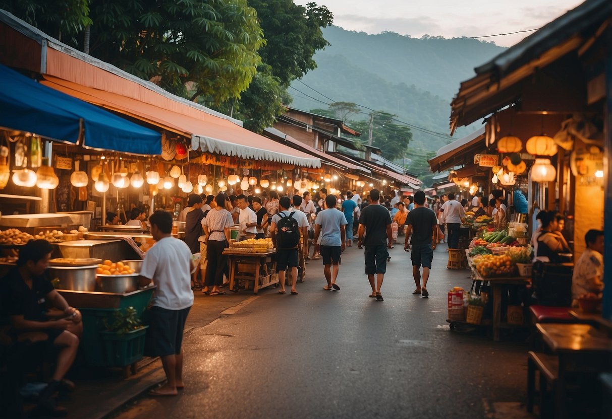 A bustling street in Pai, Thailand, with colorful food stalls, cozy guesthouses, and vibrant nightlife venues