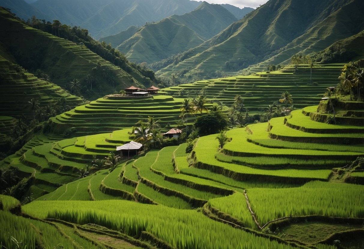 Lush green rice terraces in Flores, Indonesia. Volcanic peaks in the distance. Traditional thatched-roof houses dot the landscape